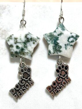 2/$20, White Green Tree Agate Star & Dog Person Paw Print Dangle Earrings